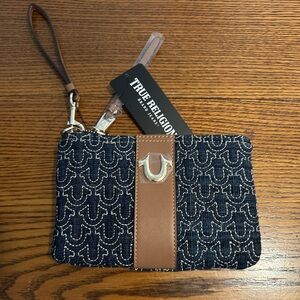 True Religion Navy Jacquard Wristlet with Brown Leather Trim